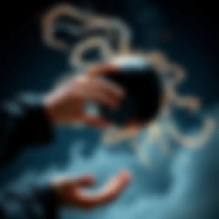 A person manipulating a black sphere to control gravity, depicted with swirling energy and dynamic movement.