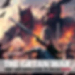 A dramatic battle scene showing warriors clashing amidst giant titans, with swords raised and intense expressions