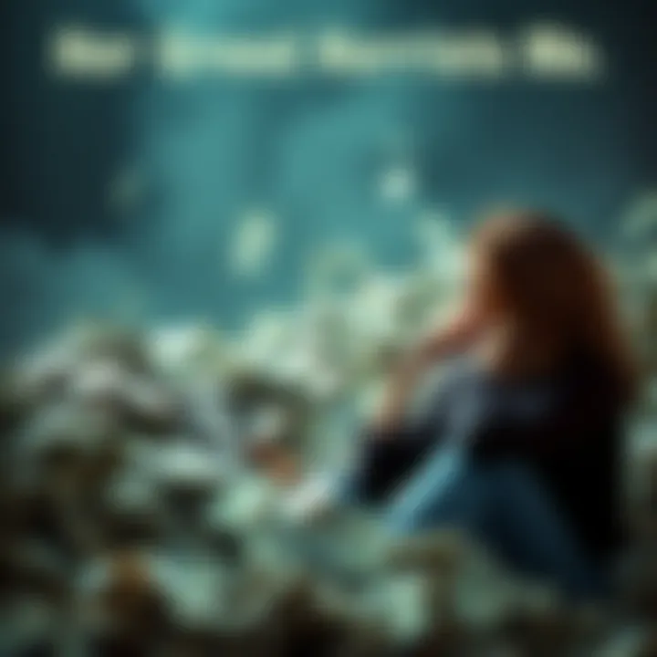 A person looks distressed while sitting next to a large pile of money, symbolizing the negative effects of greed.