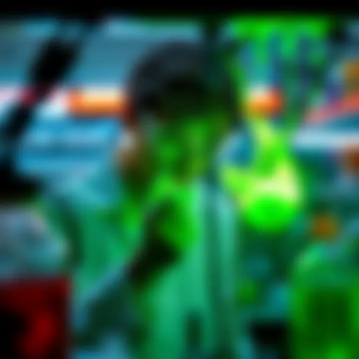 A scientist examines a glowing green substance in a lab setting, symbolizing the synthetic Green Blood derived from Devil Fruit powers.
