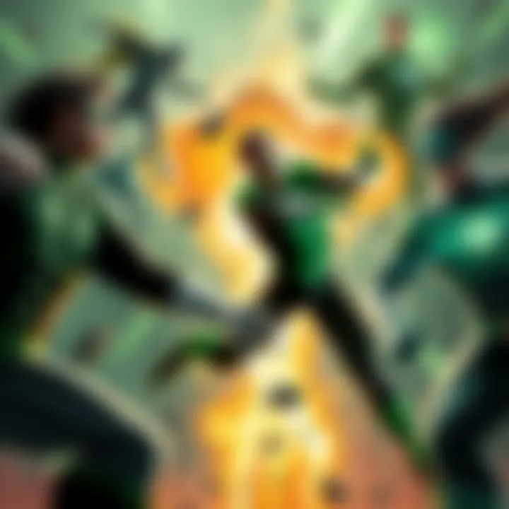 A dynamic battle scene featuring Green Lantern characters, depicting some as challengers and others as victims. Characters display their unique powers and strengths in an action-packed environment.