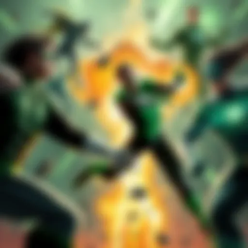 Green Lantern Characters Showdown A dynamic battle scene featuring Green Lantern characters, depicting some as challengers and others as victims. Characters display their unique powers and strengths in an action-packed environment.
