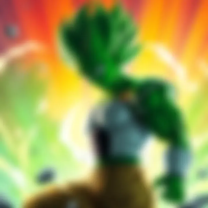 Green LF SSB Vegeta showcasing his powerful stance, surrounded by energy effects and a vibrant background, illustrating his significance in the current community discussions.