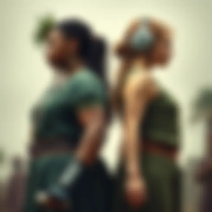 A historical and a modern Green Mommy stand back to back, showcasing their strength and attributes in a dramatic face-off setting.