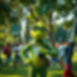 Green Roger stands in a lush green park, engaging with a diverse group of people about environmental awareness and sustainability practices.