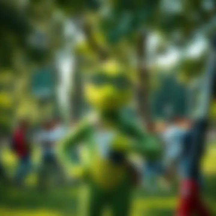 Green Roger stands in a lush green park, engaging with a diverse group of people about environmental awareness and sustainability practices.
