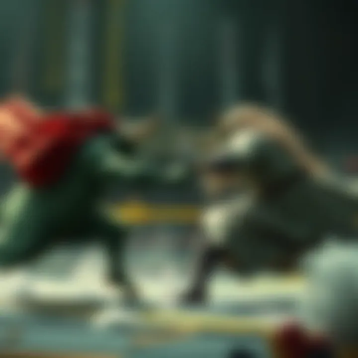 A dynamic scene showing Greenbull and Fuji in the midst of their battle, highlighting Greenbull's aggressive stance and Fuji's defensive posture.