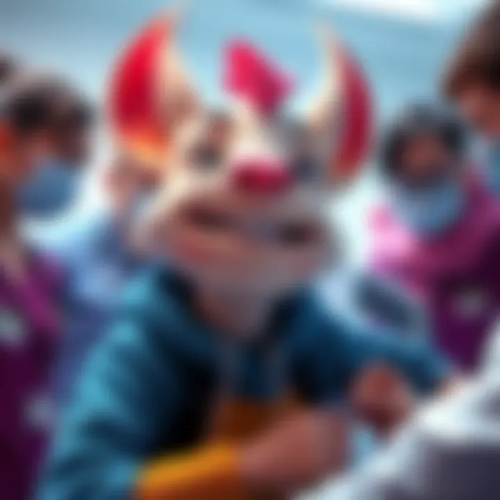 A character named Grem smiles as they receive a vaccination in a clinic, surrounded by supportive people.