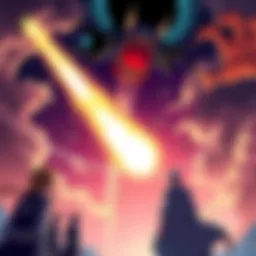 A powerful meteor soaring through the sky aiming at Yhwach, with Bleach characters watching in anticipation.