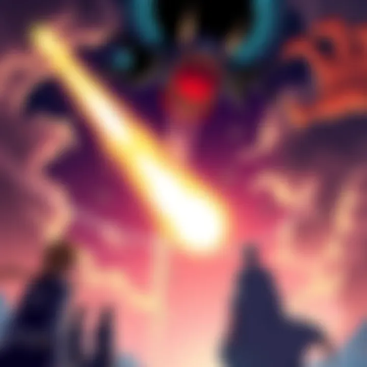 Gremmy's Meteor Attack A powerful meteor soaring through the sky aiming at Yhwach, with Bleach characters watching in anticipation.