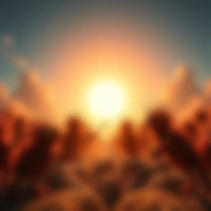 A fictional battle scene showing 59,100 small, playful grems facing a bright sun in the sky, creating a whimsical atmosphere.
