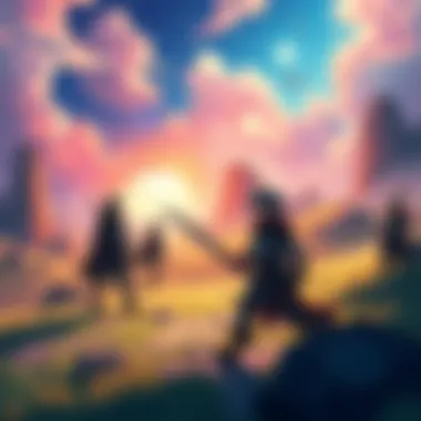 Grimgar Adventure Scene A vibrant fantasy landscape with characters in battle gear preparing for a quest in Grimgar's world.