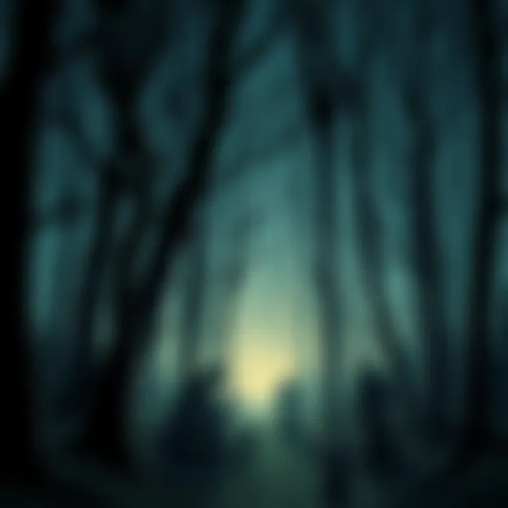 Illustration of a dark forest with shadowy figures representing characters from the Grimm Brothers' fairy tales, conveying an eerie yet inviting atmosphere.