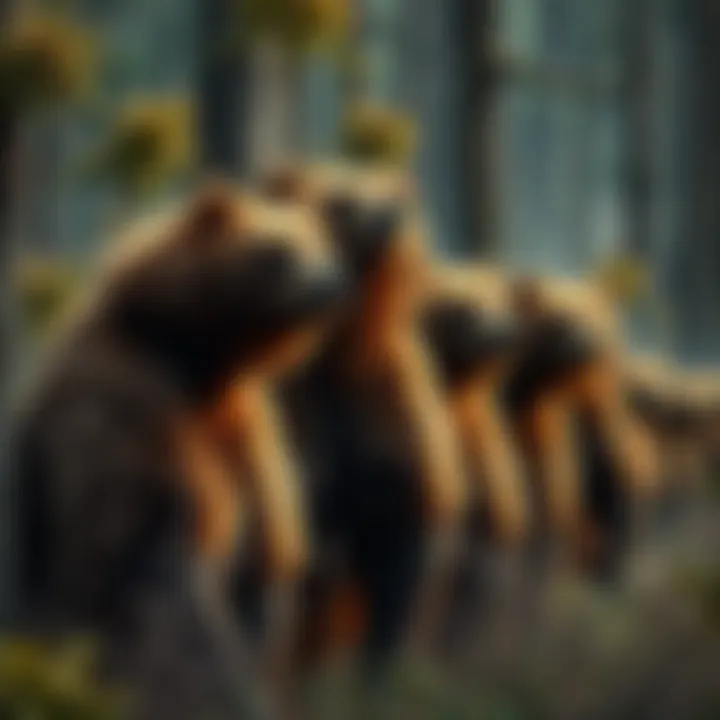 Grizzly bears in a forest A group of grizzly bears standing together in a forested area, contemplating a powerful character from fiction.