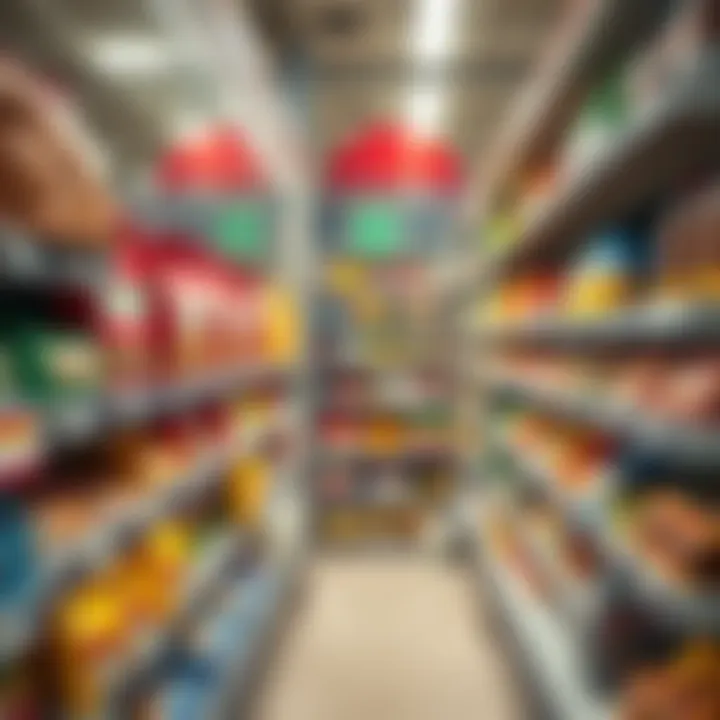 A display of grocery shelves showing smaller packages of food items, symbolizing shrinkflation.