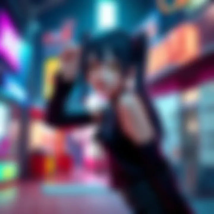 A character resembling Misa from Death Note with pigtails and goth style, posing playfully in a vibrant setting.
