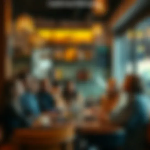 Group discussing philosophy A diverse group of people engaged in a lively discussion about philosophy in a cozy cafe setting