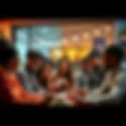 Group of people discussing a story A diverse group of people passionately discussing a story's ending in a cozy setting, showcasing different emotions and perspectives.