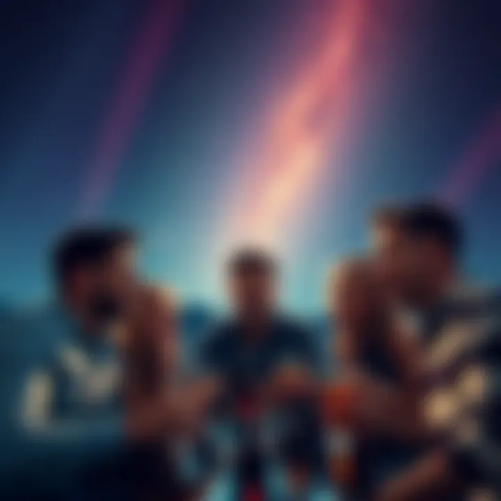 A group of friends laughing and sharing drinks under a starry sky, highlighting themes of power and relationships.