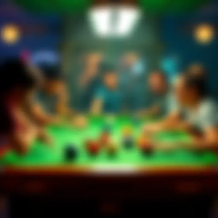 A lively gathering of people enjoying the game 8 Ball Hecatia at a pool table, showing their excitement and focus.