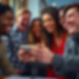 A diverse group of friends laughing together while looking at funny memes on a smartphone