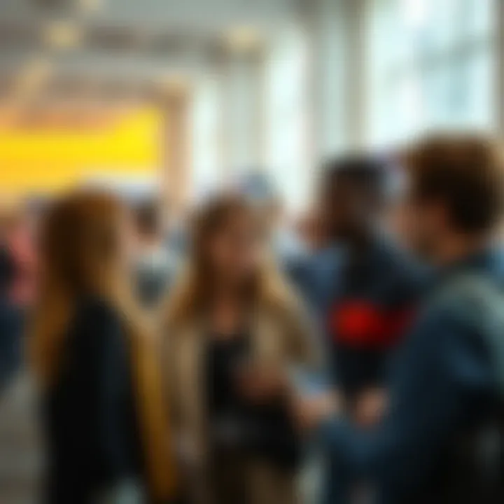 A diverse group of friends chatting at a convention, highlighting the age differences among attendees.