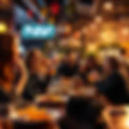 Group of Friends at Hangout Spot A group of friends enjoying time together at a lively hangout spot with food and drinks.