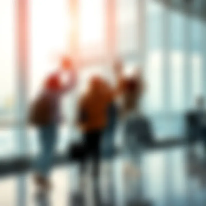 Group waving goodbye A group of friends waving goodbye at an airport, ready for new adventures