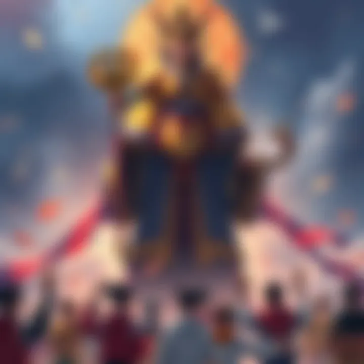 A colorful illustration of the Guardian Deity of Karasuno symbolizing strength and resilience, surrounded by community members showing unity.
