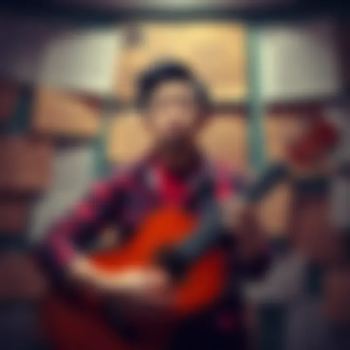 A person holding a guitar with a confused expression, surrounded by discussion boards about guitar skills.