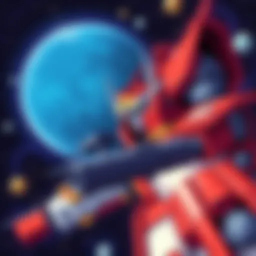 A dynamic scene from the anime Gunbuster showing the main character piloting a giant robot in space, surrounded by stars and planets.