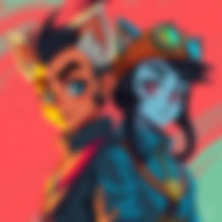 Illustration of Gunko and Zaza sharing similar traits, featuring ringed eyes and matching clothing styles, set against a vibrant background.