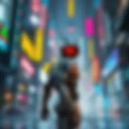 A cybernetic character stands in a bustling futuristic city with neon lights and technology surrounding them, reflecting themes of humanity and technology.