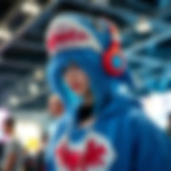 A person in a detailed Gura costume with blue hair and shark-themed accessories at a cosplay event