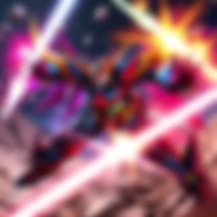 Gurren Lagann in action Gurren Lagann battles with energy beams in a dramatic scene, showcasing its powerful forms and bold colors.