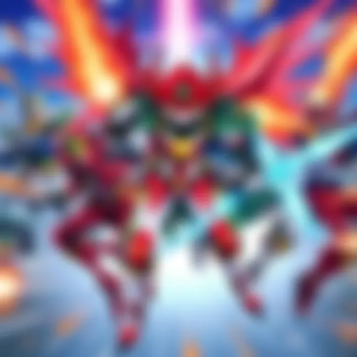 Main characters from Gurren Lagann showcasing their dynamic poses and colorful outfits in an action scene