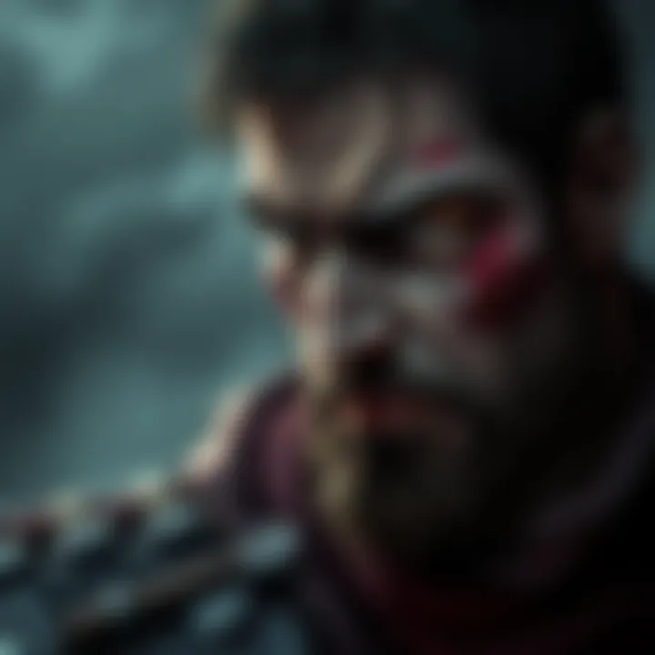 Guts from Berserk looking serious Guts, a dark fantasy warrior, with a solemn expression reflects on his battles, showcasing physical signs of wear and tear, set against a moody background.