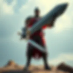 A person in a detailed Guts cosplay, standing confidently with a large sword, showcasing muscular build and armor