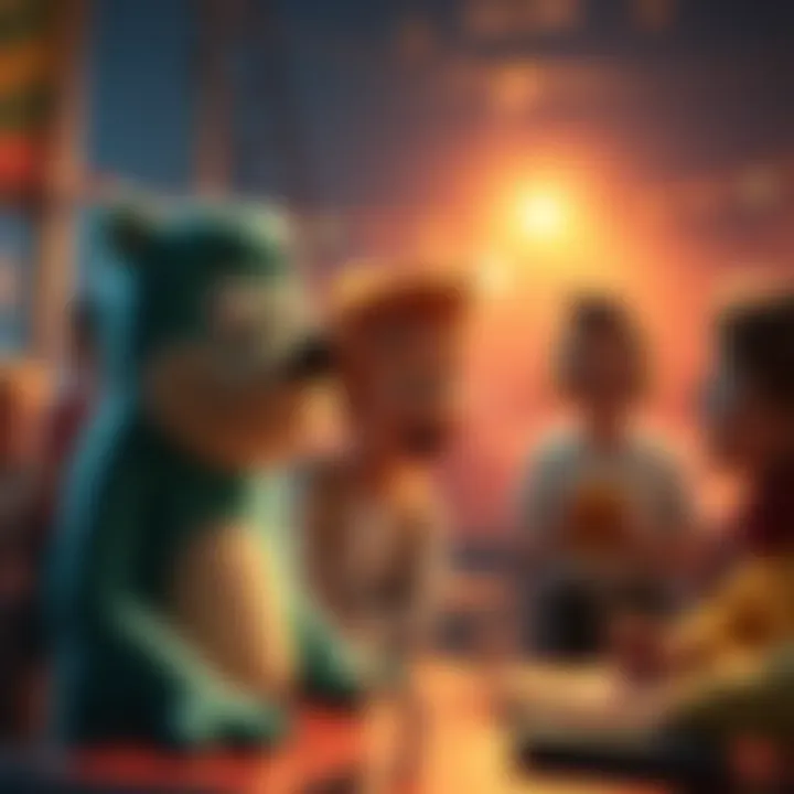 Guts interacts with new friends in a lively setting, showcasing positive social connections and camaraderie.