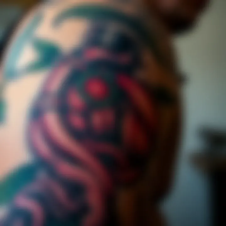 Close-up of a guts tattoo featuring intricate details and vibrant colors on a person's arm