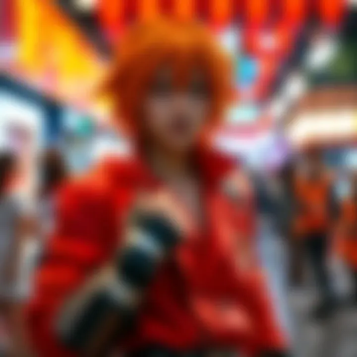 A man showcases a vibrant Asuka cosplay, featuring a striking red outfit and orange hair, highlighting creativity and gender expression.