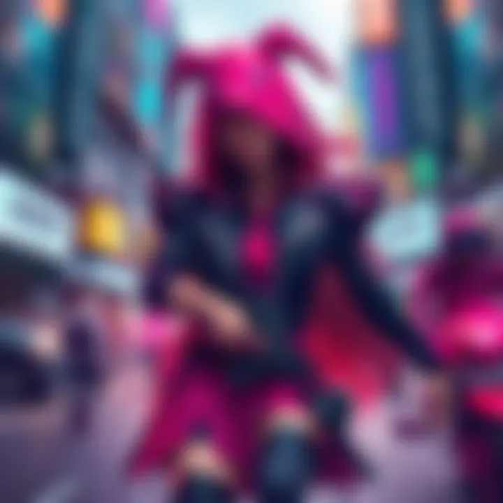 A gyaru assassin dressed in vibrant fashion, wielding a weapon, surrounded by urban chaos.