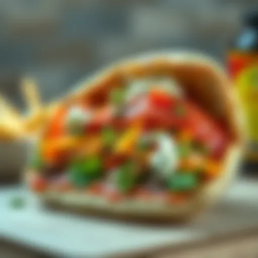A colorful gyro sandwich with fresh ingredients, representing food desire and identity.