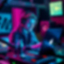 Gyro Zeppeli at the studio Gyro Zeppeli working in a music studio with a laptop and equipment, looking concerned about technical issues