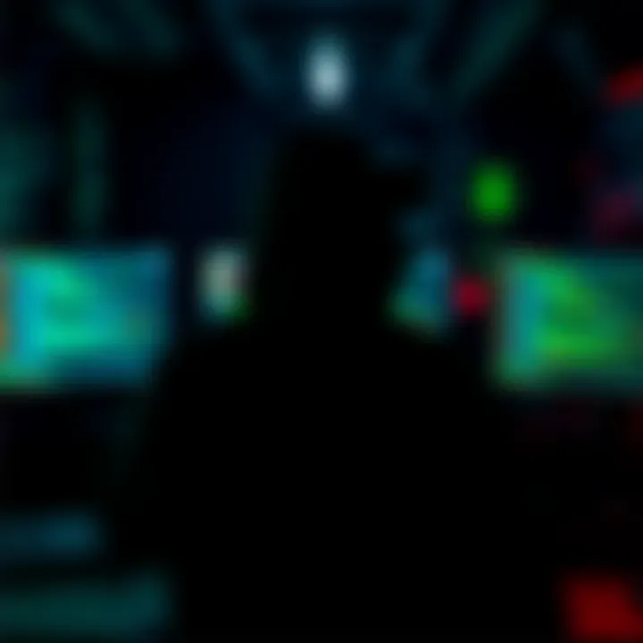 A silhouette of a hacker in a dark room, surrounded by computer screens displaying code and security alerts.