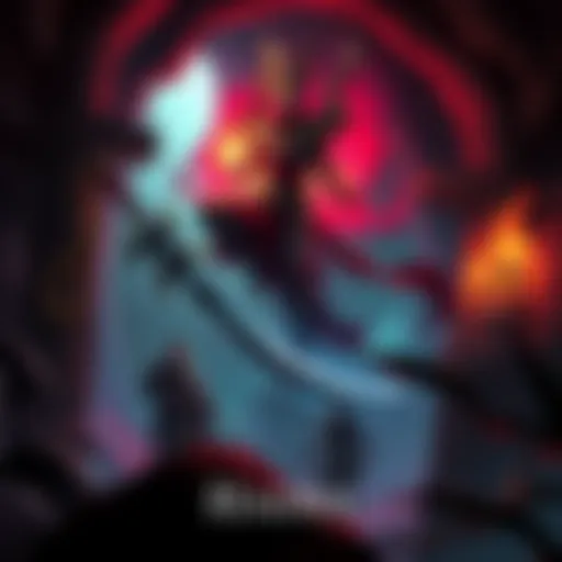 Character in Hades A character from the game Hades, wielding a weapon in a dark underground setting filled with mythical elements.