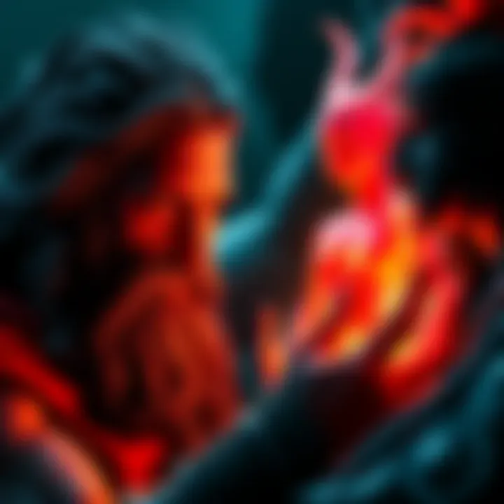 Hades, the Greek god of the underworld, looking curiously at a glowing human figure, symbolizing his desire for a human vessel, while exhibiting a conflicted expression.