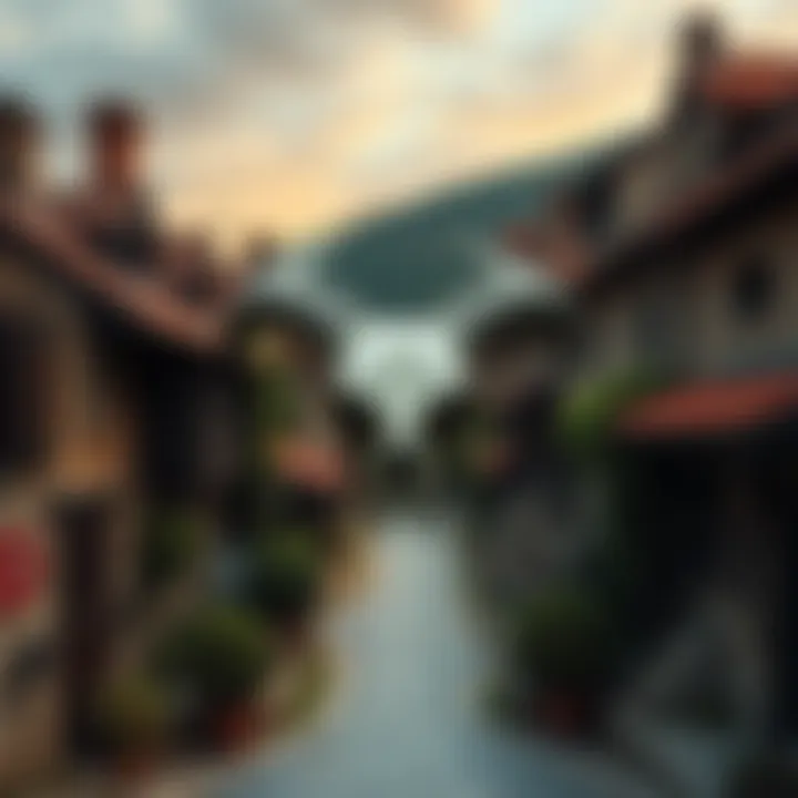 The village of Hage featuring a demon skull display in the center, surrounded by quaint houses and greenery