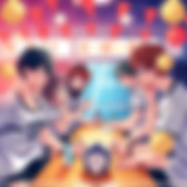 A group of Haikyuu fans sharing their love for the anime in a forum, with volleyball-themed decorations around them