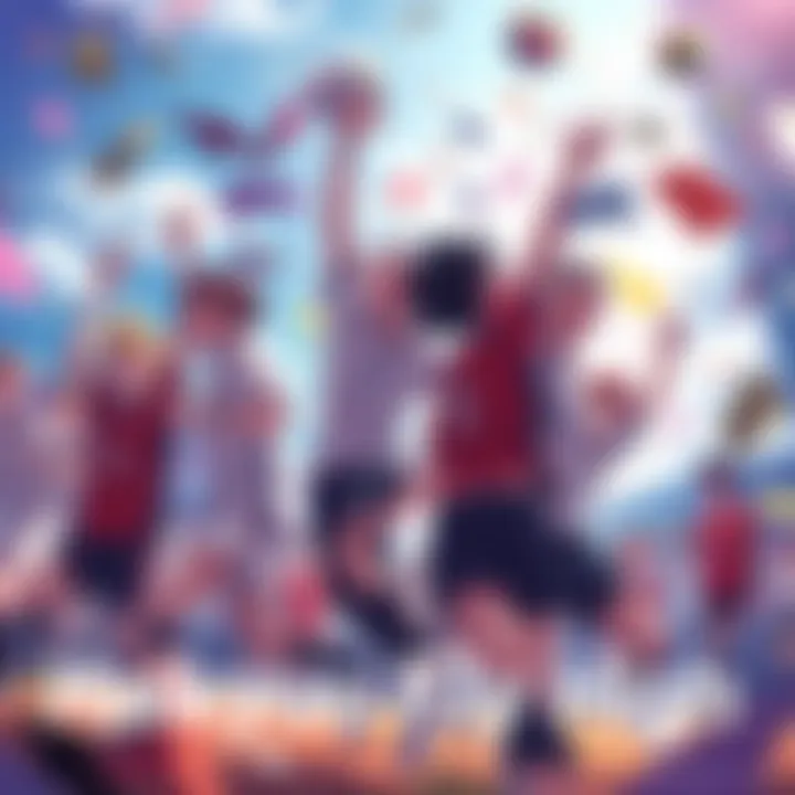 A dynamic scene showcasing characters from Haikyuu as they celebrate the launch of the new series, featuring volleyball action and excitement among fans.